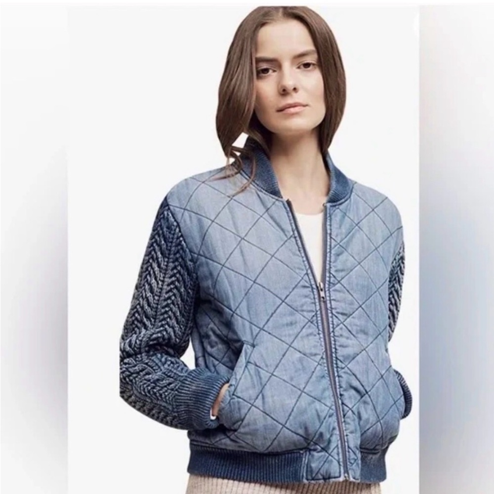 NWT Anthropologie Cloth & Stone Denim Blue Quilted Bomber Jacket